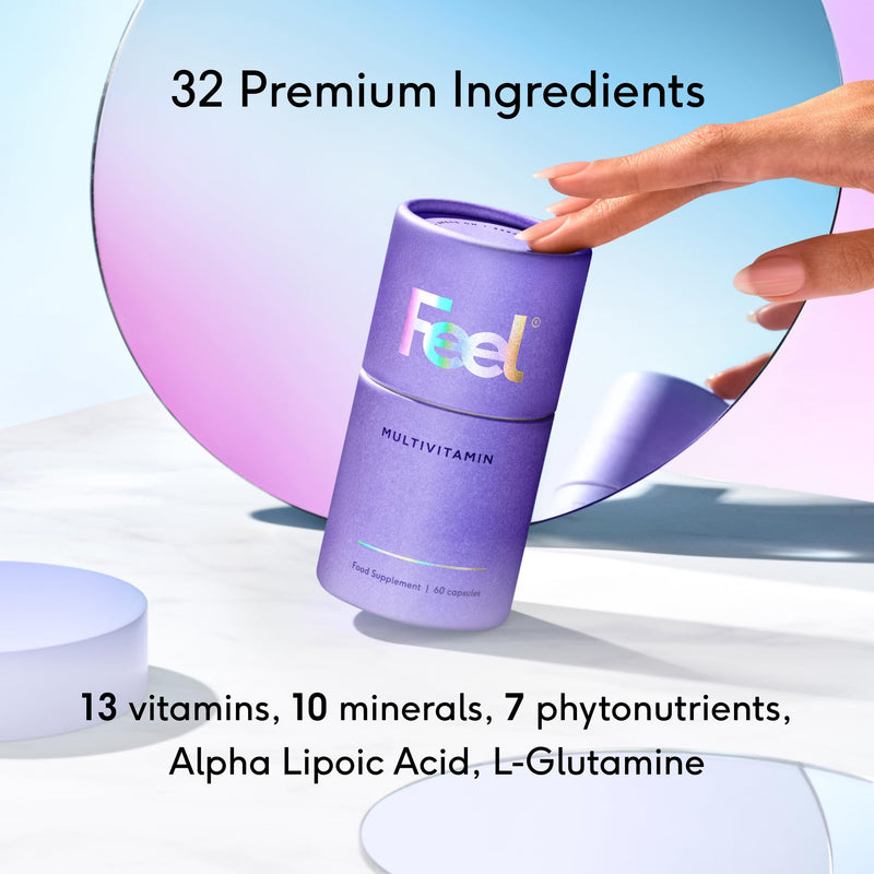 FEEL Daily Multivitamin with 32 Active Ingredients 60 Capsules | Vegan Multivitamin with Bioavailable Vitamins, Minerals, & Botanicals | Ingredients Help to Supports Energy, Immunity, & General Health