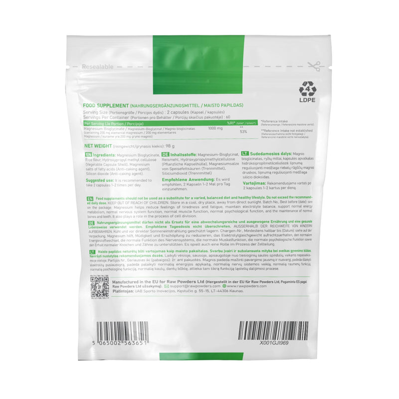 Magnesium Bisglycinate 500mg – 120 Capsules | 200mg Elemental Magnesium per Serving | High Strength Magnesium Glycinate | for Energy, Muscles & Nervous System | Vegan | Raw Powders