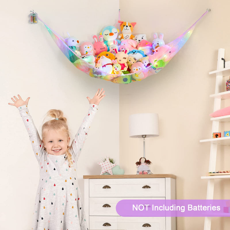 [Australia] - Stuffed Animals Hammock Kids Toy Storage with LED Light Unicorn Castle Plush Toy Organizer Corner Hanging Stuffed Animals Holder for Nursery Kids Girls Room Decor Rainbow 