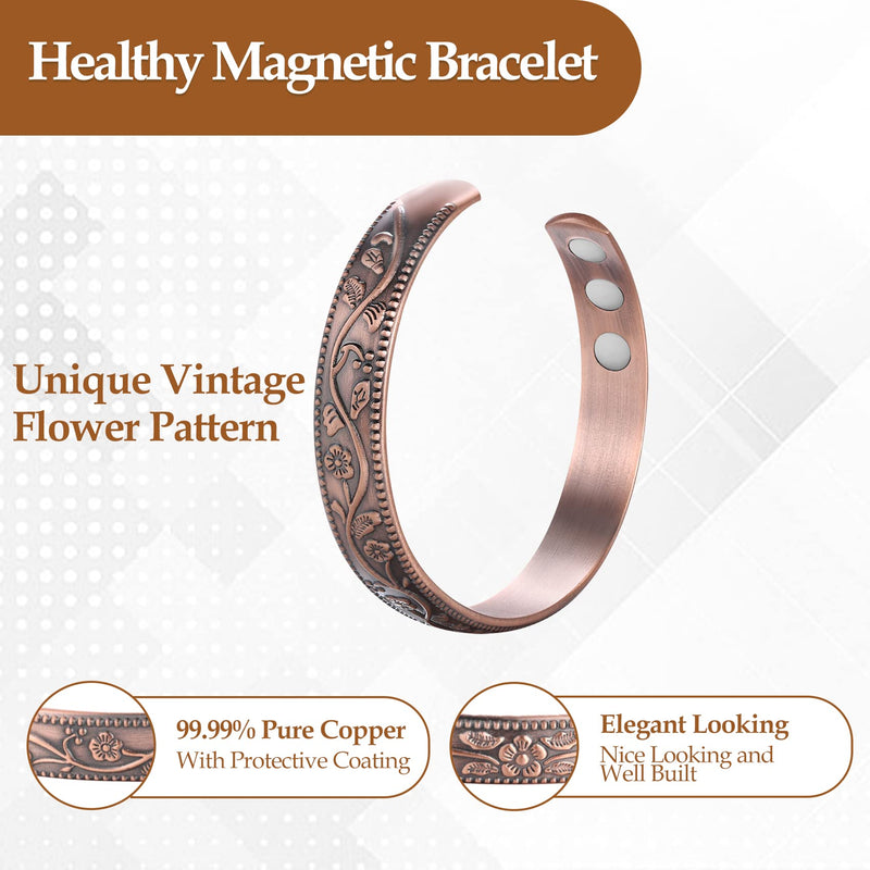 [Australia] - 2Pcs Magnetic Copper Bracelets for Women, Vintage Flower 99.99% Pure Copper Bracelets with 3500 Gauss Magnets, Adjustable Cuff Jewelry with Gift Box 