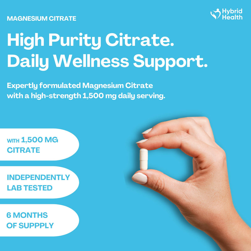 Hybrid Health Magnesium Citrate 1500mg Supplement - 360 Vegan Capsules, High-Strength Formula, Independently 3rd Party Lab Tested, 6 Months Supply