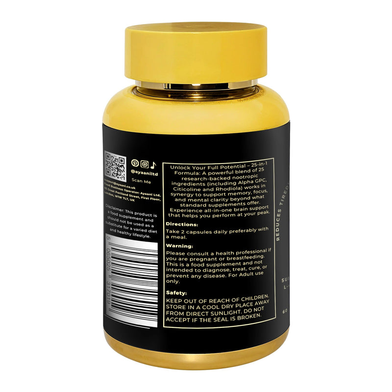 Focus Brain Booster & Memory Supplement | 25-in-1 Caffeine-Free Nootropic with Alpha GPC 300mg, Citicoline & L-Theanine | Brain Fog, Fatigue, Focus & Mental Clarity | 60 Vegan Tablets