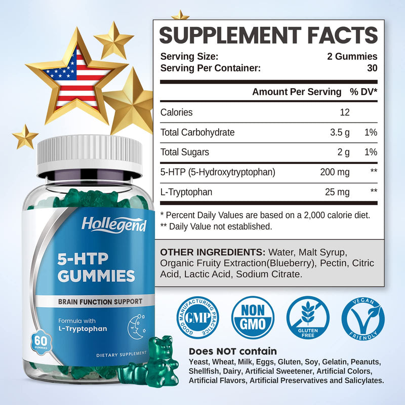 [Australia] - 5-HTP Gummies 200mg, 5HTP & L-Tryptophan Supplements for Stress Relief, Brain Support, Blueberry Flavor, 60 Chewables 60 Count (Pack of 1) 