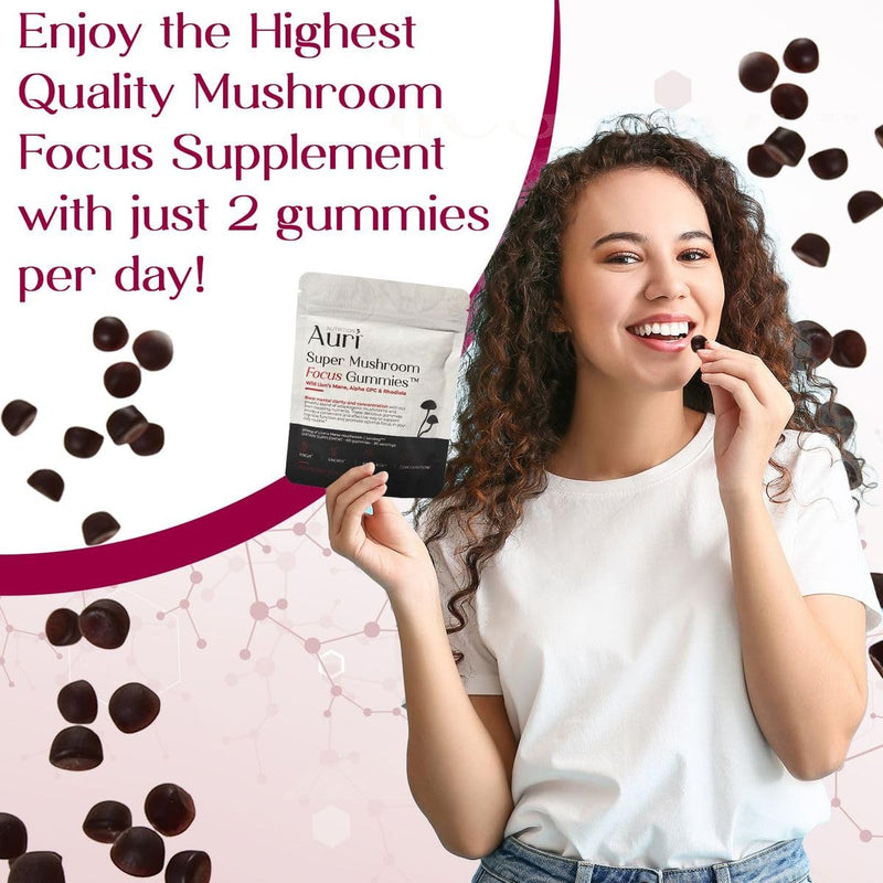 [Australia] - Auri Super Mushroom Focus Gummies - w/Lion's Mane, Alpha GPC & Rhodiola - Mushrooom Supplement to Support Cognitive Function, Mental Clarity, Focus & Energy | 60 Gummies, Vegan Friendly, Non GMOs 