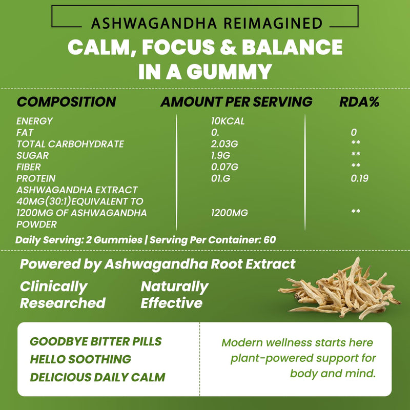 Ashwagandha Gummies Organic Pure Natural Root Extract Ayurvedic Supplement Gummy for Men & Women Support Calm Increase Energy Strength 1200mg for Superior Absorption - 60 Count