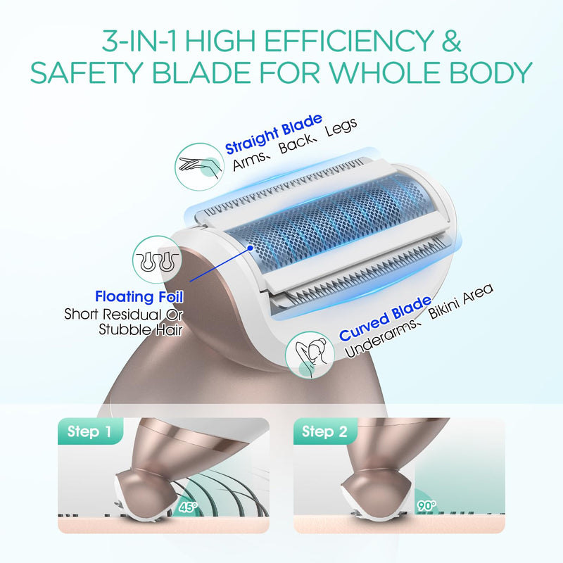 [Australia] - VOYOR Electric Razors for Women 4 in 1 Bikini Trimmer, Foil Shaver for Women 4 Replacement Heads for Body, Pubic Hair Trimmer, Cleansing, Massage 2 Adjustable Speeds Rechargeable Shaver ES501 (Gold) Gold 
