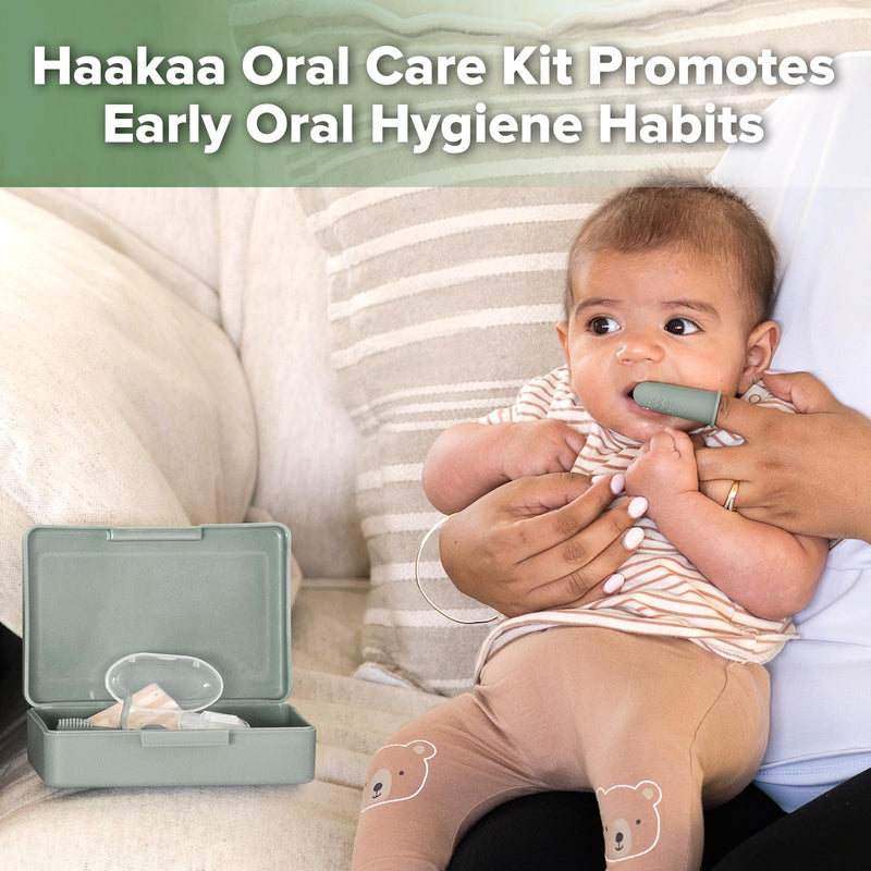 [Australia] - haakaa Training Toothbrush Set Oral Care Kit, Soft Silicone Toothbrush for Baby, Infants, Toddlers & Kids, Pea Green 