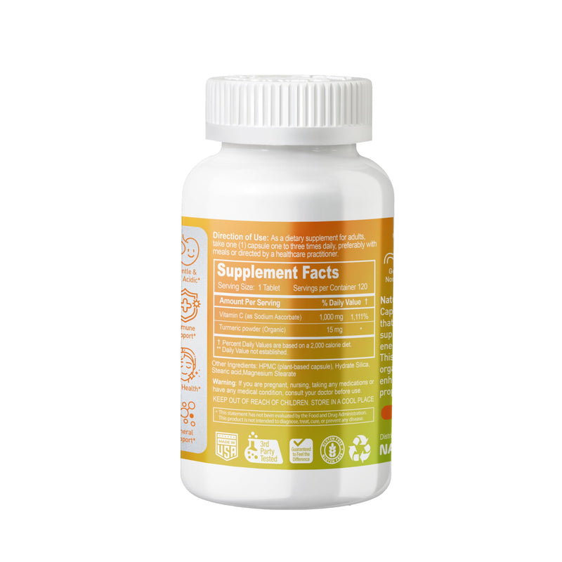 Buffered Vitamin C 1000 mg with Organic Turmeric - Antioxidant & Immune Support - Healthy Skin & Joints - Gluten & Dairy Free - 120 Vegan Capsules, 120 Day Supply 120 Count (Pack of 1)
