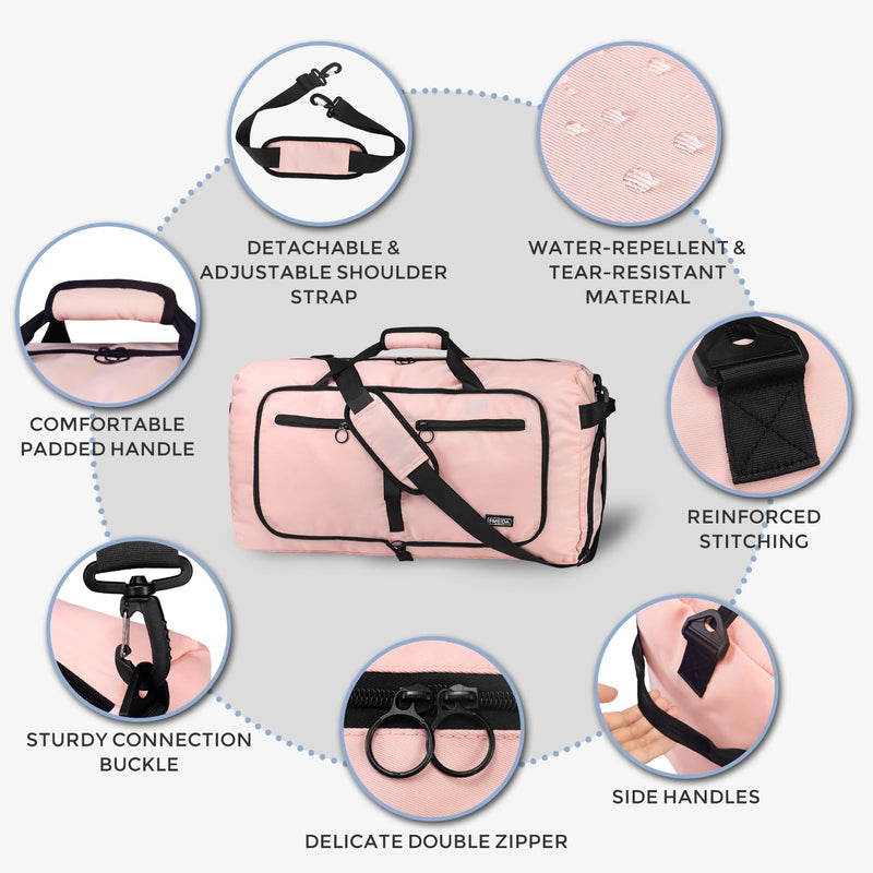 65L Duffle Bag Foldable Travel Duffel Bags for Men Women Travel Bag | Shoes Compartment, 65L Large Capacity, Foldable, Packable, Water Repellent, Tear Resistant, for Traveling Gym Overnight Camp Glossy Light Pink
