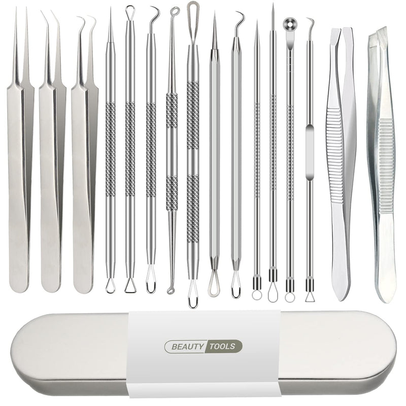 16 Pcs Pimple Popper Kit - Blackhead Remover & Acne Extractor Tool - Professional Stainless Steel Tweezers for Eyebrows, Pimples & Blemishes - Tools for Beauty Salons
