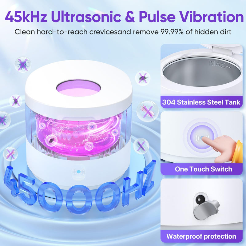 [Australia] - Ultrasonic Retainer Cleaner Machine, 45kHz Retainer Cleaner Machine for Denture Cleaner, 200ML Cleaner Ultrasonic Cleaner for Mouth Guard Cleaner,Night guard, Braces,Rings, Necklaces,White 