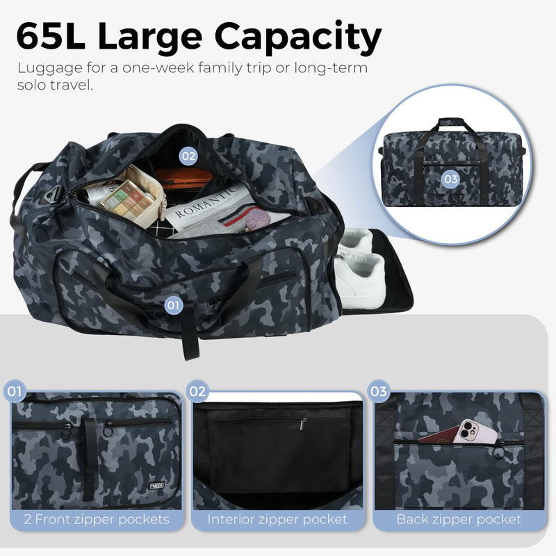 65L Duffle Bag Foldable Travel Duffel Bags for Men Women Travel Bag | Shoes Compartment, 65L Large Capacity, Foldable, Packable, Water Repellent, Tear Resistant, for Traveling Gym Overnight Camp Glossy BlackCamo