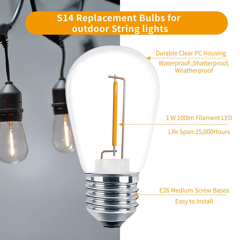 [Australia] - Meconard 24 Pack LED S14 Replacement Light Bulbs, Shatterproof Outdoor 1 Watt to Replace 11Watts String Incandescent Bulb, E26 Regular Medium Screw Base, 2200K Warm White, Non-Dimmable 24 Count (Pack of 1) 