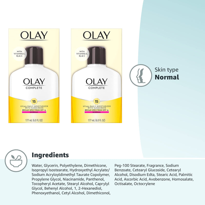 Olay Face Moisturizer, Complete with Sunscreen SPF 15, Daily Facial Lotion for Normal Skin, Lightweight Hydrating Broad Spectrum Sun Protection - Vitamin C, E, and Niacinamide - 6 Oz 2 Pack 6 Fl Oz (Pack of 2)