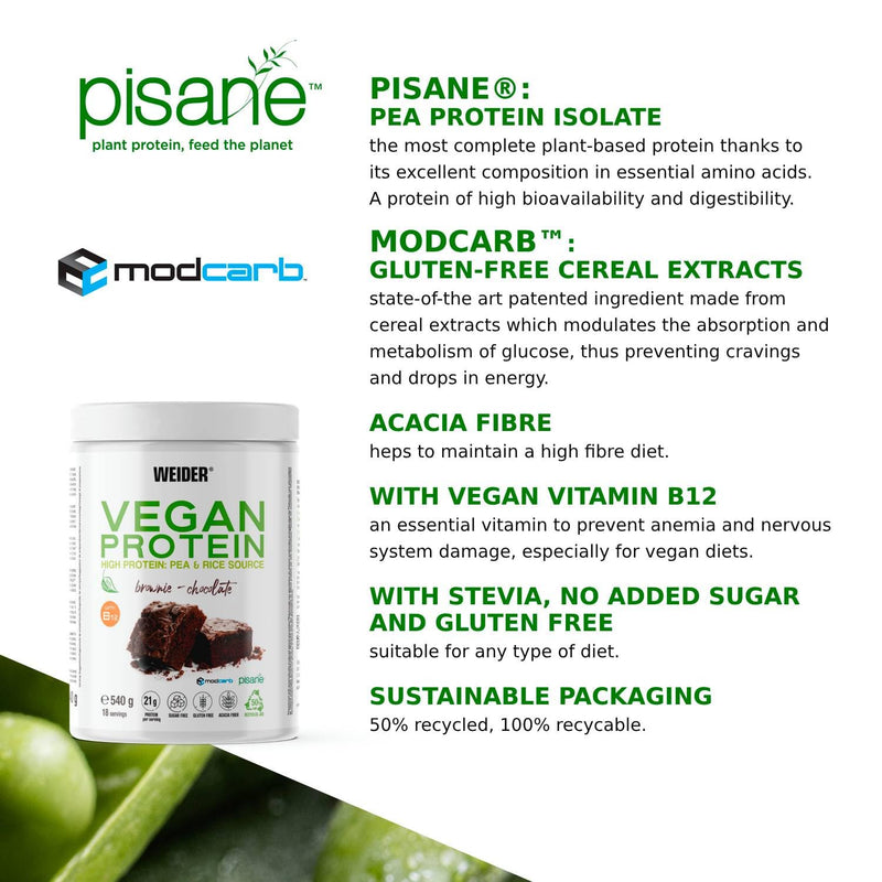 Weider Vegan Protein (540g) Brownie-Chocolate Flavour. Quality Protein 100% Plant-Based 21g/Serving, Pea Isolate (Pisane) & Rice. with Vitamin B12 & Stevia. Gluten Free, No Sugar. (18 Servings)