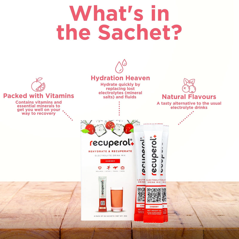 Recuperol Electrolytes Sachets - Rehydration Electrolytes Powder with Zinc, Vitamin C, B12, D3 & Potassium for Hydration - Sugar Free, Vegan & Low Calorie - Cherry 20 Pack
