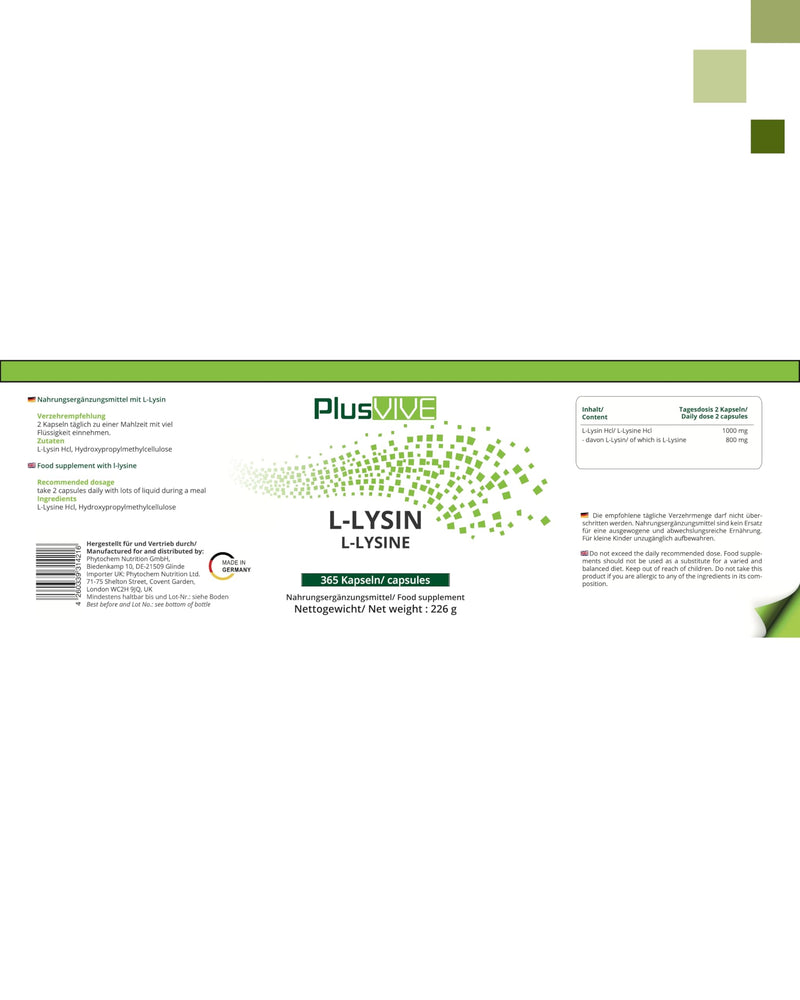 [Australia] - PlusVive L-Lysine capsules high dosage I 1x 365 capsules I 500mg L-Lysine Hcl per capsule I Essential amino acid I From plant-based fermentation I Vegan & laboratory-tested dietary supplement 