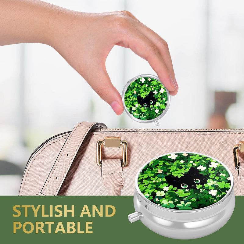 Pill Box, Small Pill Case for Purse & Pocket, Travel Medicine Organizer | Cute Travel Medicine Organizer, Portable Medicine Container Holder to Hold Vitamins, Medication, Fish Oil & Supplement Green Leave Cat