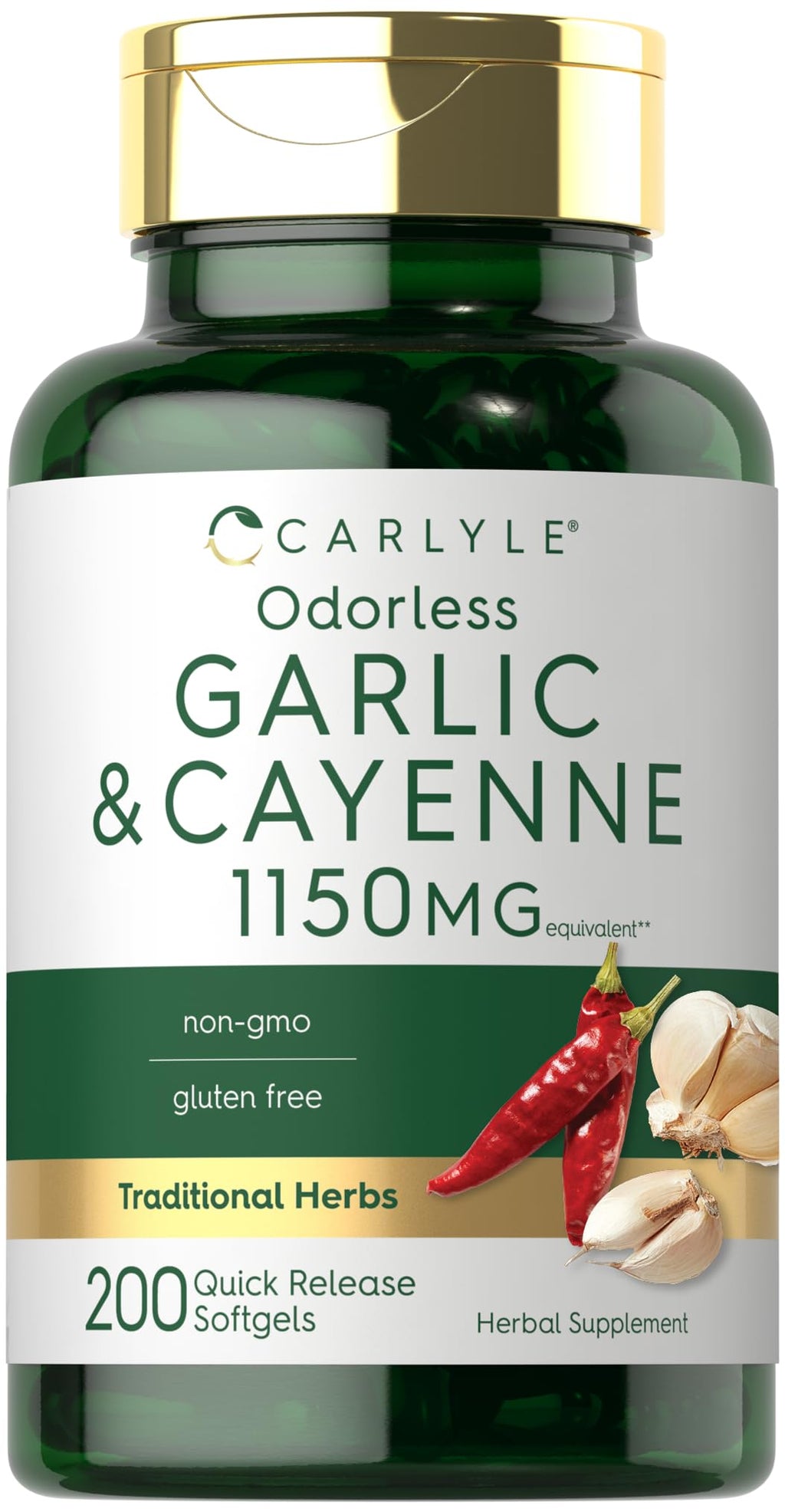 Carlyle Odorless Garlic and Cayenne 1150mg | 200 Softgels | Non-GMO, Gluten Free Supplement