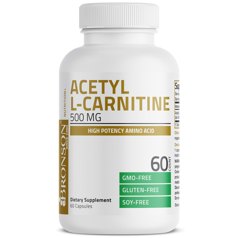 Bronson Acetyl L-Carnitine 500 MG High Potency Amino Acid Non-GMO, 60 Capsules 60 Count (Pack of 1)