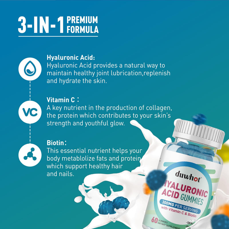 [Australia] - Hyaluronic Acid Gummies, Hyaluronic Acid Supplements for joints, Glowing Skin & Eyes, Hyaluronic Acid with Vitamin C & Biotin 5000mcg for Collagen Production, 60 Chews 1 