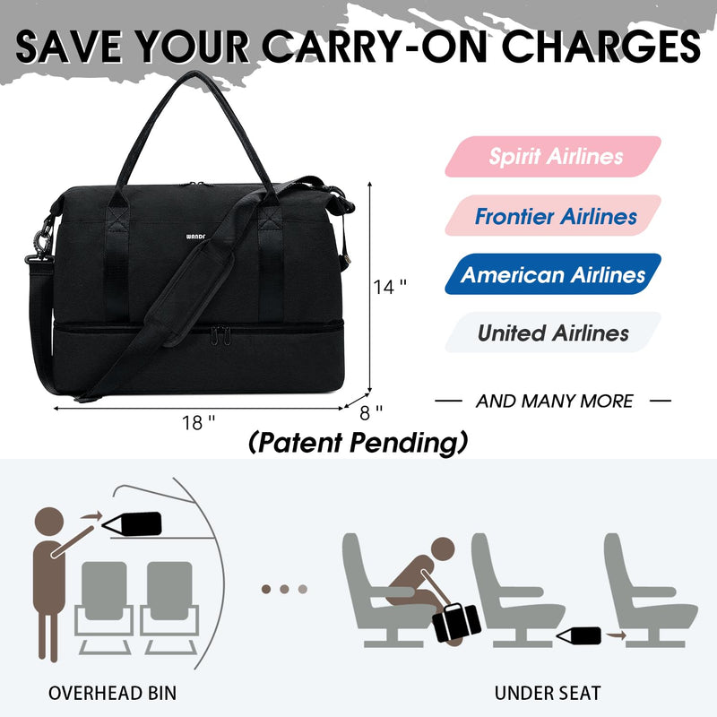 WANDF Personal Item Travel Bag, Carry On Weekender Bag for Women | 18x14x8 inches, Frontier Underseat Fit, Shoe Compartment, Weekend Overnight Trips Black