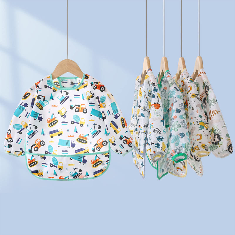 [Australia] - 5 Pack Long Sleeve Bib,Baby Toddler Waterproof Sleeved Bib for 6-30 Months Reusable with Catch-all Pocket Dino/Digger/Lion/Cactus/Animal 