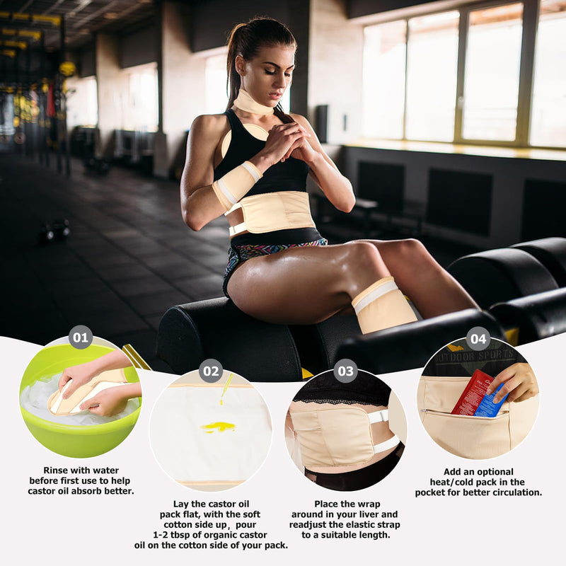 [Australia] - Castor Oil Pack Wrap for Women Gifts, 6 Pcs Reusable Organic Cotton Pack Kit for Neck Waist Chest Knee, Adjustable Elastic Strap Compress Packs 