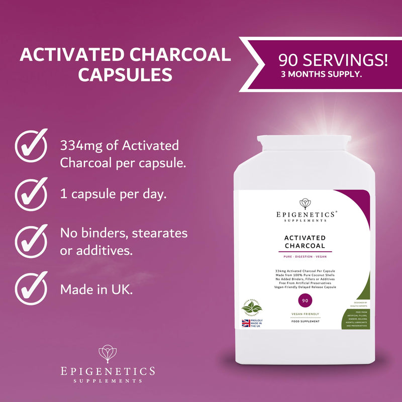 Activated Charcoal 334mg | 100% Pure Coconut Shell Charcoal | 90 Delayed Release Capsules | 3 Month Supply | High Absorption Natural Detox Cleanse | UK Made Supplement for Men & Women