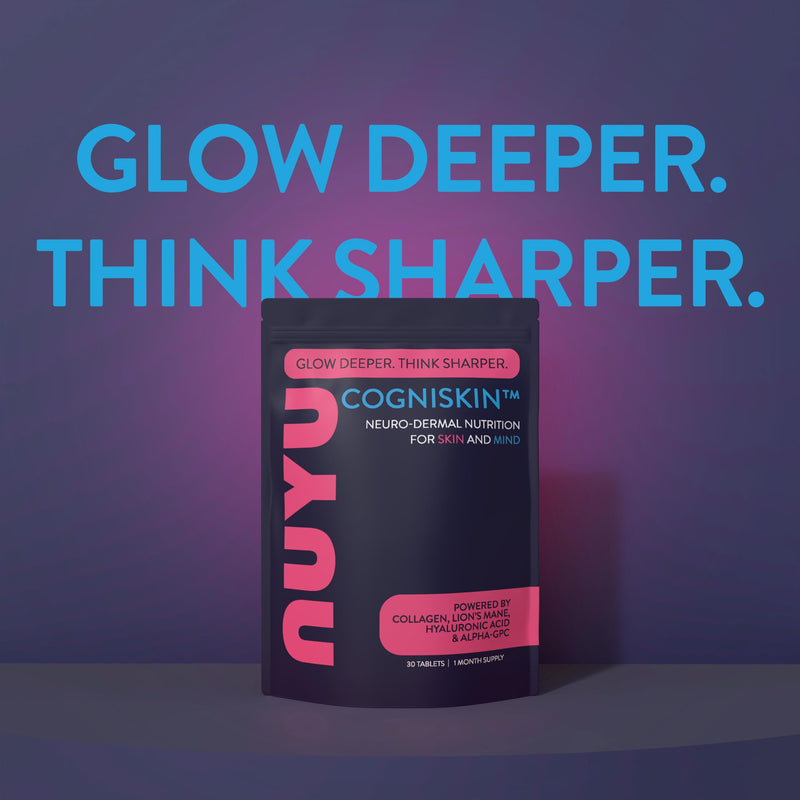 NUYU COGNISKIN™ Capsules. Neuro-Dermal Supplement with Marine Collagen, Hyaluronic Acid, Lion’s Mane & Alpha-GPC for Skin Hydration, Collagen Support & Cognitive Clarity. Two-a-Day, 1 Month Supply.