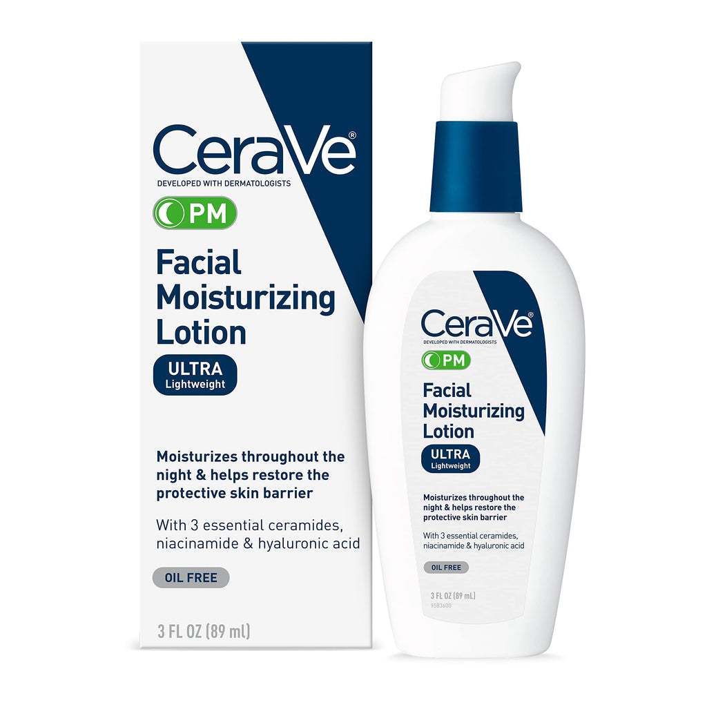 CeraVe PM Facial Moisturizing Lotion | Night Cream with Hyaluronic Acid and Niacinamide | Ultra-Lightweight, Oil-Free Moisturizer for Face | 3 Ounce 3 Ounce (Pack of 1)