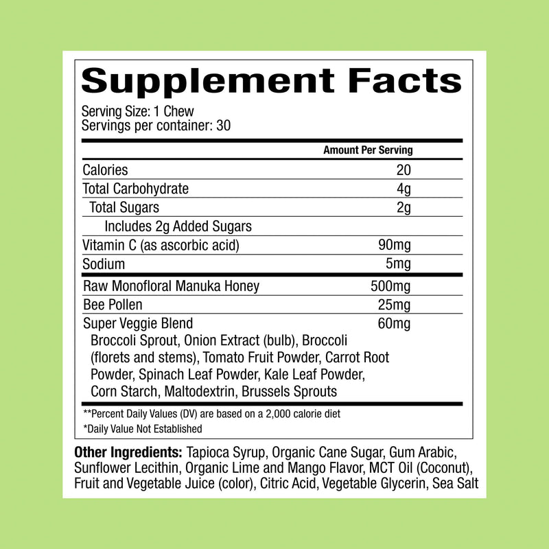 Plant People WonderBee Super Greens Manuka Honey Chews, Mango Lime 30ct | Bee Pollen, Super Greens & Vitamin C, Immune Support, Antioxidants & Energy Boost, Mango Lime (30 Count) Mango Lime - Immunity, Gut Health & Overall Vitality