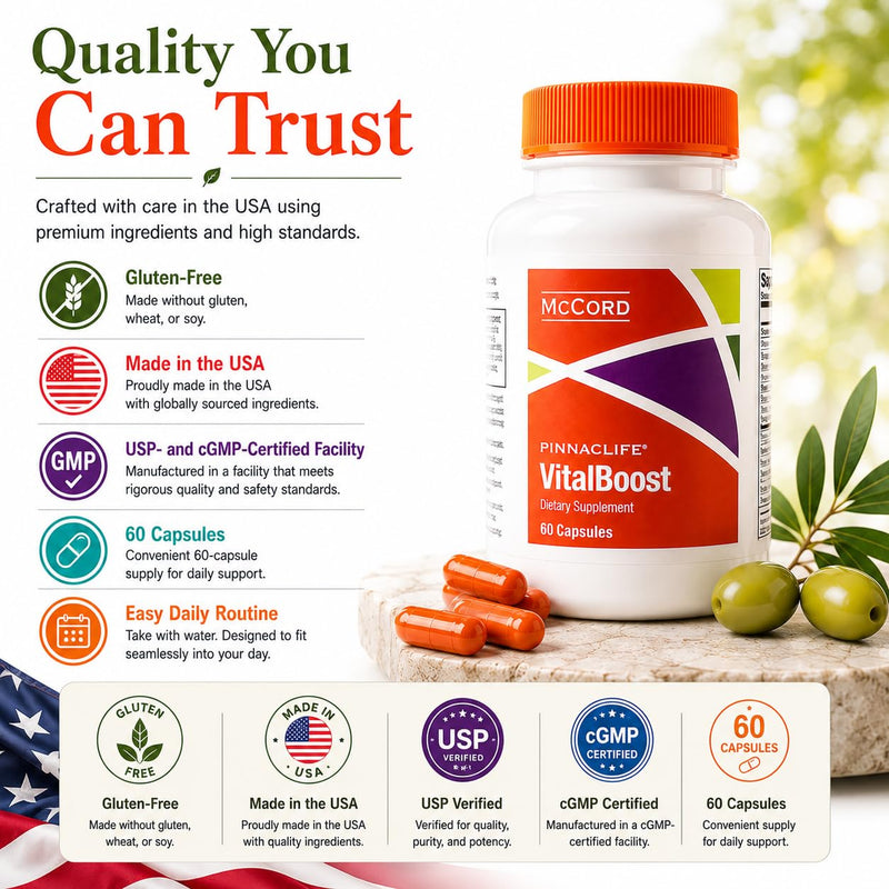 McCord VitalBoost Energy, Memory & Immunity Supplement with Vitamin D3, Magnesium, Zinc, Potassium & Olivamine, Supports Heart, Bone, Cognitive & Immune Health, Gluten-Free, 60 Capsules