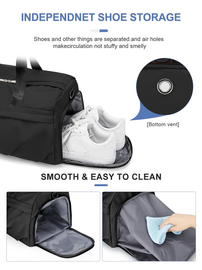 Gym Bag for Women with Shoe Compartment, Sport Travel Duffel Bag for Men | Waterproof Weekender Overnight Carry on Duffle Bag with Trolley Sleeve for Traveling, Yoga, Gym, Airplane -Black A-Black