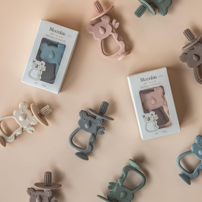 [Australia] - Moonkie Teething Toy, Safe & Easy to Hold BPA Free Silicone Teethers, 360° Baby Toothbrush with Suction Base, Teether Toys Best for Babies 6-12 Months (Koala Warm Taupe) Koala Warm Taupe 1 Pack 