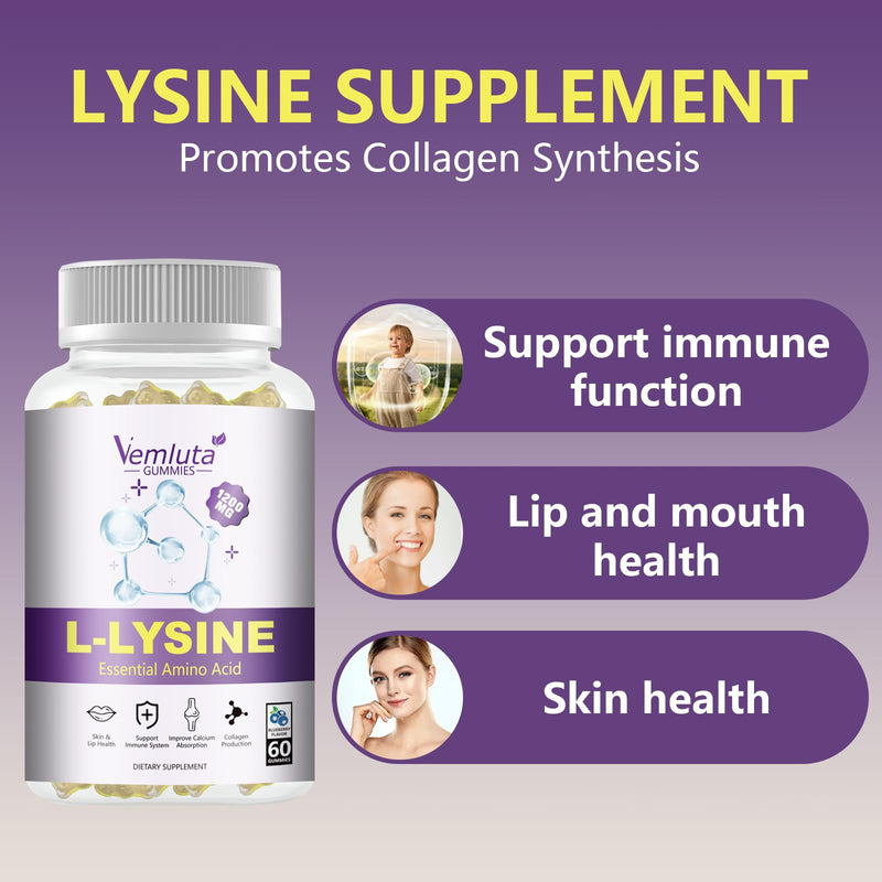 [Australia] - 2 Packs 1200 MG L-Lysine Gummies for Immune Support & Collagen Boost - Chewable Lysine Supplement for Adults, Lip ÔºÜ Cold Sore* Support for Women,Blueberry, Non-GMO, Gluten Free,120 Counts 60 Count (Pack of 2) 