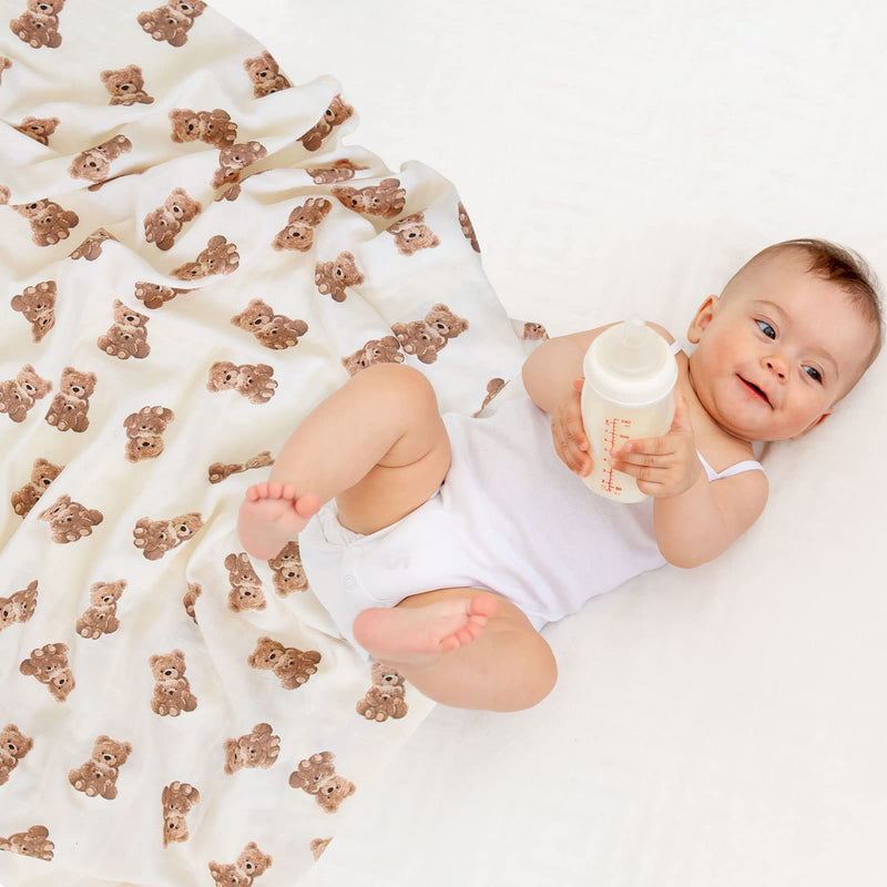 [Australia] - LifeTree Muslin Swaddle Blankets Neutral, Baby Swaddling Wrap Nursery Blanket for Boys & Girls Unisex, Soft 70% Viscose from Bamboo and 30% Cotton, Large 47 x 47 inches, Bear & Checkered Coffee 