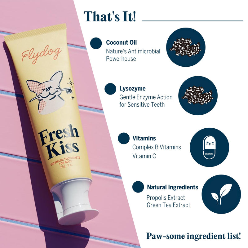 [Australia] - FlyDog Fresh Kiss Dog Tooth Brushing Kit - Vet Approved Formula, Enzymatic Dog Toothpaste and Brush - Breath Freshener & Tartar Remover, 360° Toothbrush & Finger Brush, Dental Guide, Mint Flavor Mild Mint 3 Ounce (Pack of 2) 