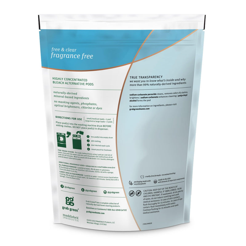 [Australia] - Grab Green Natural Bleach Alternative Pods, Non-Chlorine Bleach, Fragrance Free, Unscented/Free & Clear, 24 Loads 