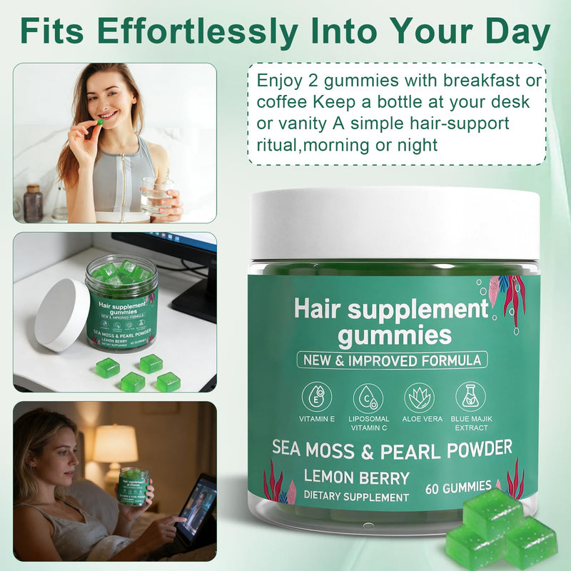 Hair Loss Gummies,Sea Moss Gummies with Vitamin C, Vitamin E, Aloe Vera, Pearl Powder Support Faster Hair Growth,Enhance Nail Elasticity,Promot Radiant Skin,Gluten-Free - 60 Count