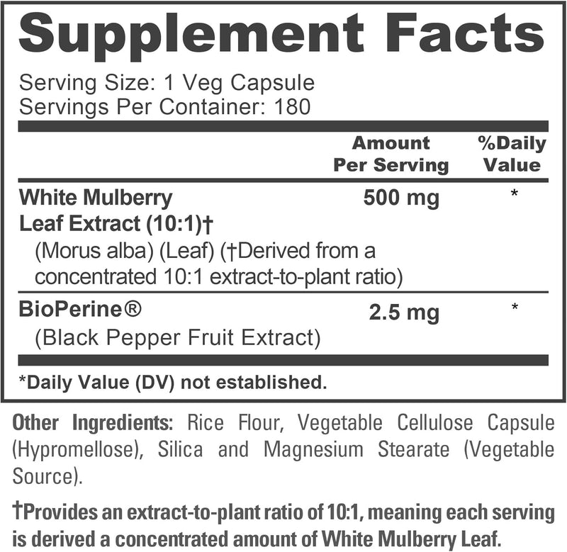 White Mulberry Leaf, Non-GMO, Vegan, 500mg, 180 Veg Capsules - 180 Servings | Botanical Formula, 10:1 Morus Alba Leaf Extract, BioPerine, Suitable for Adults, Manufactured in cGMP Registered Facility USA