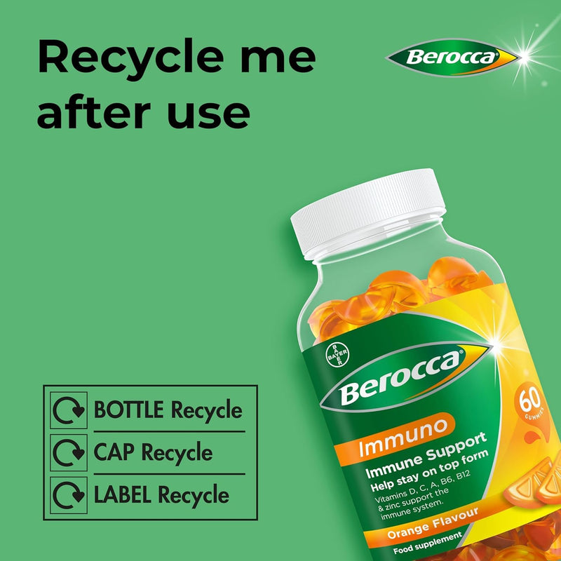 Berocca Immuno Multivitamin Gummies - Immune System Support Including Vitamin D, C, A, B-Complex (B6, B7, B12), E and Zinc - Supplement for Women, Men and Kids - 60 Gummies x 3 Pack- Orange Flavour 1 count (Pack of 180)