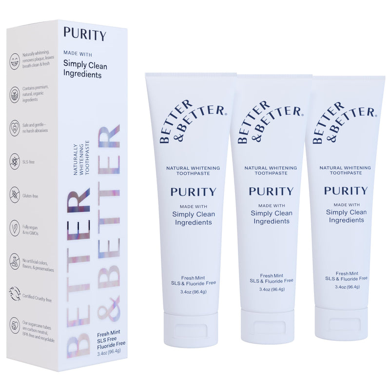 Better & Better Purity Toothpaste | Natural Whitening Toothpaste Without Additives | Organic, Vegan, Fluoride & SLS Free | Coconut-Based Formula w/Fresh Mint Flavor | 3.4oz 3 Pack