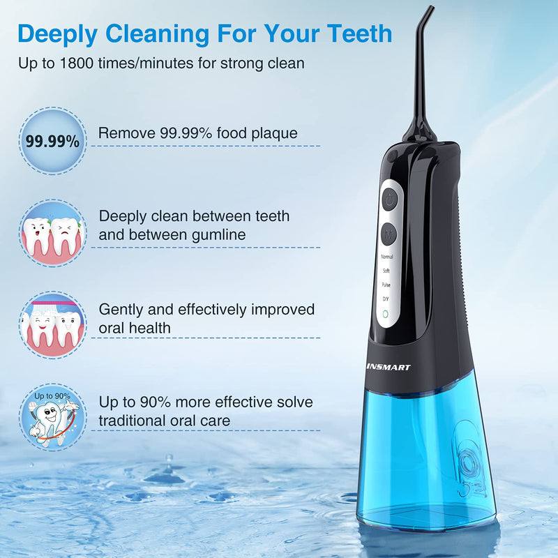 [Australia] - Cordless Water Dental Flosser Teeth Cleaner, INSMART Professional 300ML Tank DIY Mode USB Rechargeable Dental Oral Irrigator for Home and Travel, IPX7 Waterproof 4 Modes Irrigate for Oral Care Blue 