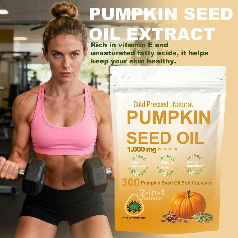 300 Pumpkin Seed Oil Capsules, 2-in-1 Pumpkin Seed Oil, Rich in Natural Essential Fatty acids, Used for Hair Growth, Heart, 100% Natural Cold Pressing, Skin Supplement, Non GMO, Gluten Free
