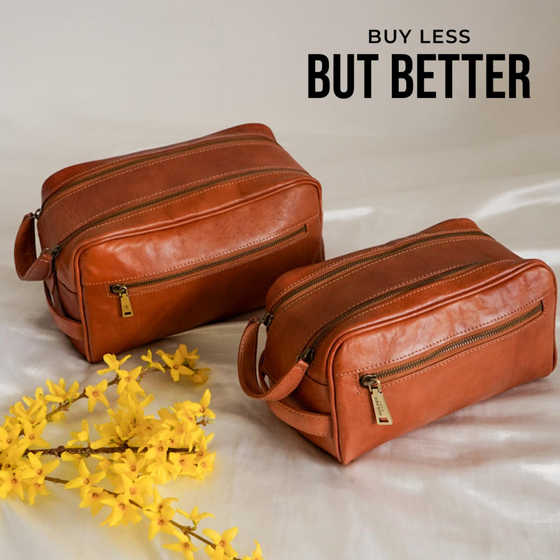 BERLINER BAGS Vintage Genuine Leather Toiletry Bag For Men Tim M, Brown | Leather Travel Bag, Large Capacity, 2 Zippered Compartments, Leather Handles, Cosmetics Bag for Men and Women Brown M