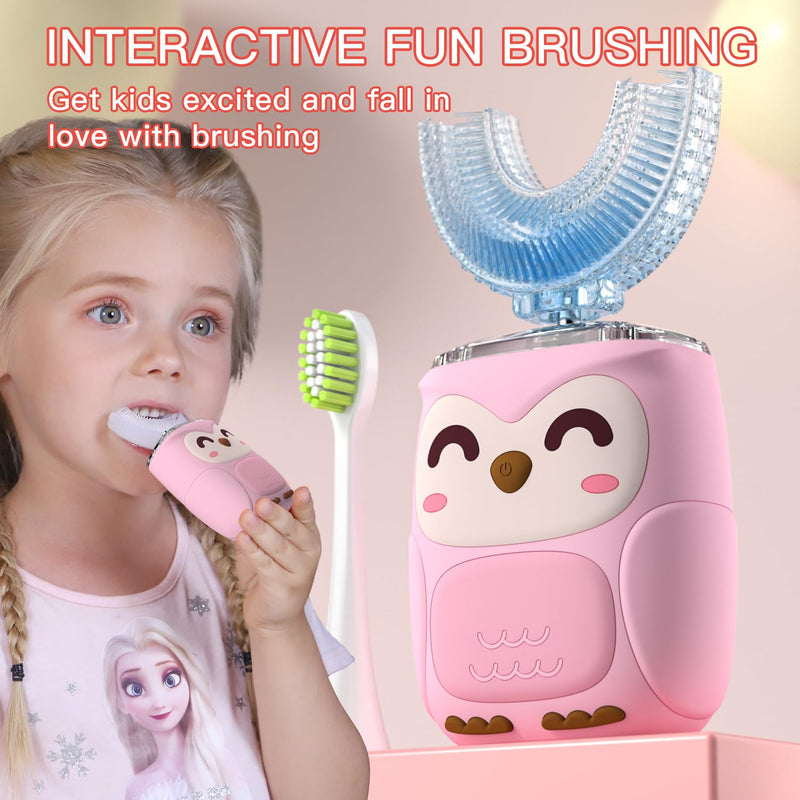 [Australia] - Kids Electric U Shaped Toothbrush, Toddler Toothbrush with 2 U-Shaped Brush Heads 2 Soft Replacements Automatic Toothbrush Rechargeable 6 Cleaning Modes - (Age2-7 Pink) Baby Pink 