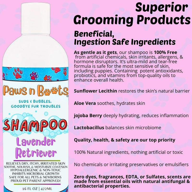 Pet Shampoo Lavender, 100% Organic, All-Natural & Non-Toxic to Pets. Fast Relief for Dry, Itchy, Irritated Skin, Hypoallergenic, Tearless & Cruelty Free, Odor Controlling Made in USA 16oz Paws n Suds - PawsPlanet Australia