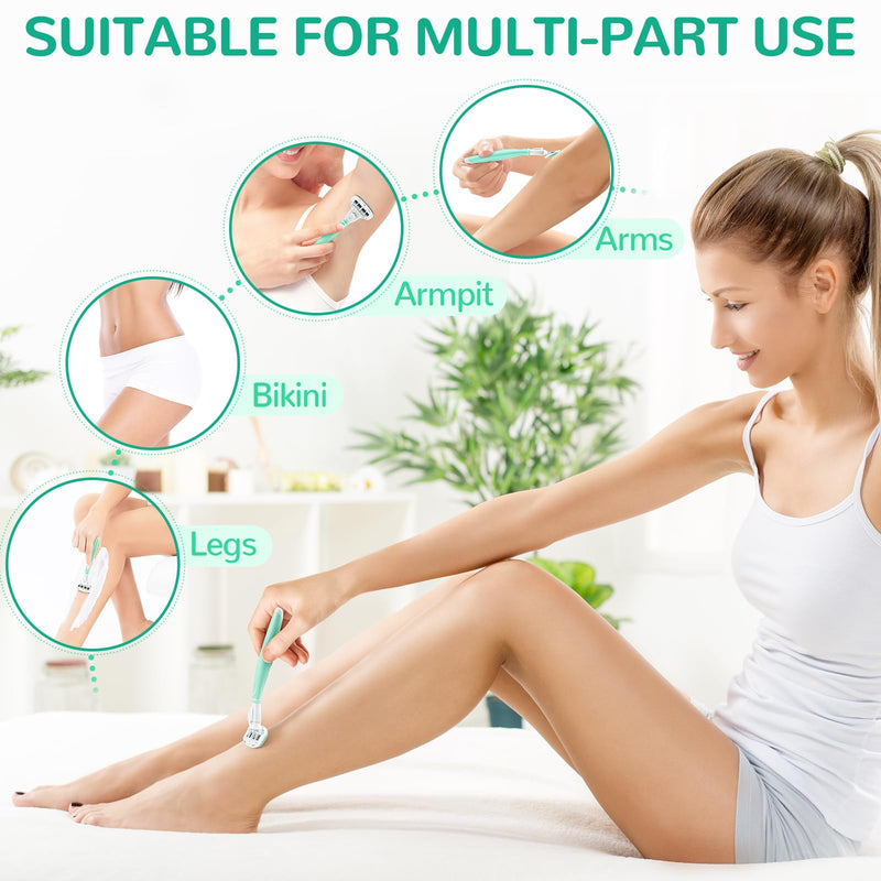Razors for Women Include 2 Non-Slip Handles and 14 Blade Refills with a Shower Holder, 5 Premium Blades Women's Razors for Shaving with 360° Lubrication Reduces Irritation, Green