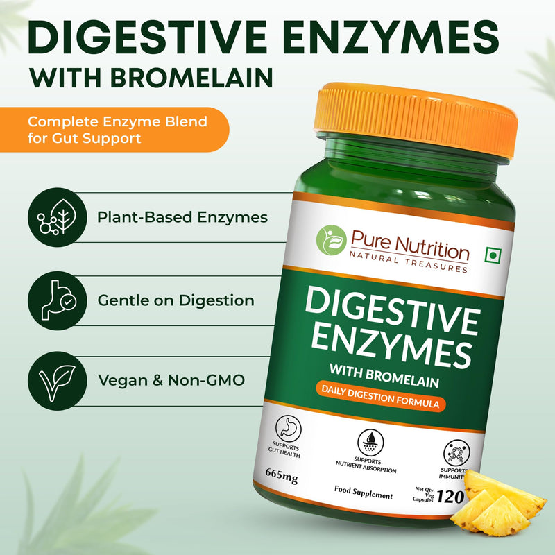 Pure Nutrition Digestive Enzymes with Bromelain | 120 Veg Caps | Gut Health & Metabolism Support* Formula with Digestive Enzyme Blend of Amylase, Lipase, Protease, Cellulase & Lactase.